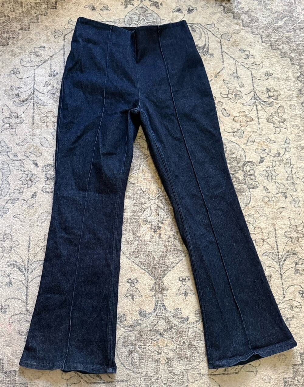Spanx Flare Jeans Women’s Large Dark Wash High Rise Pull On Front Seam Denim